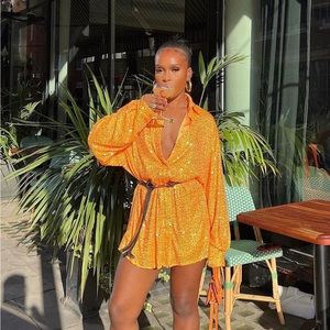 Womens Ibiza Sequin Shirt Dress - Orange